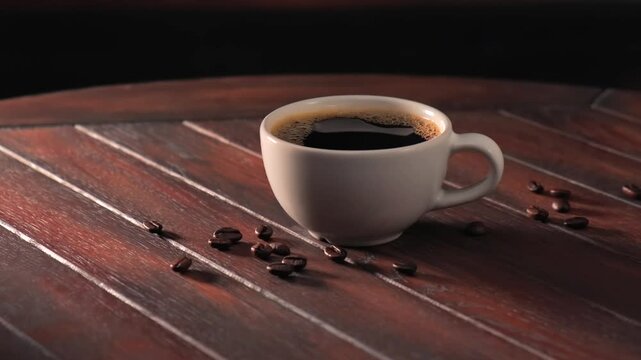 Black coffee in white cup on wooden table, dark cafe background