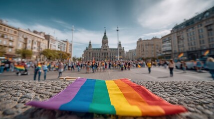 Obraz premium Pride Flag Laid on Cobblestone Street in a City Square with Celebrating Crowd