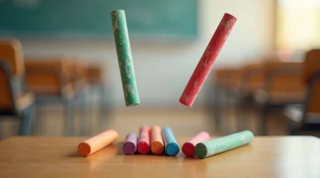 Conjunto de tizas escolares flotando en el aire, fondo minimalista de aula