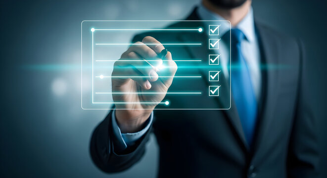 Businessman interacting with futuristic digital interface checking boxes on virtual checklist
