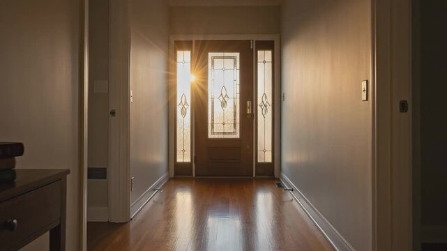 Entrance of Sunlit Dream: A captivating view of an entrance hall, where a dark-toned door is bathed in natural sunlight. wooden floor and minimalist design add to the warm ambiance.