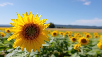 Obraz premium Vibrant Sunflower Blossom in a Sunny Field, Capturing the Essence of Summer and Agricultural Beauty