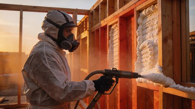 Worker applying expanding foam to wooden wall framing at sunset