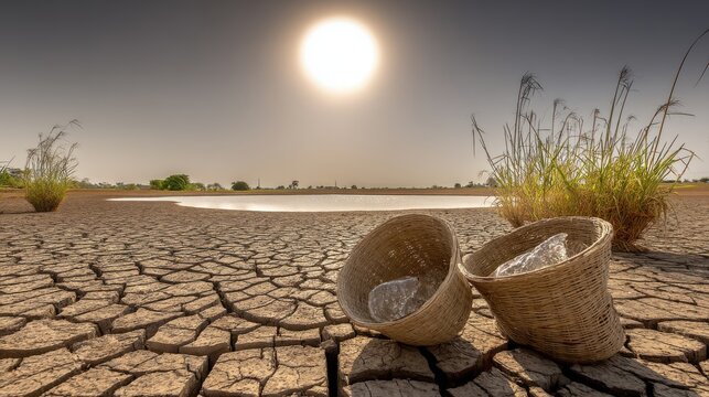 Drought-stricken landscape with cracked earth and empty baskets, symbolizing water scarcity and climate change impact