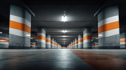 Fototapeta premium Empty underground parking garage featuring architectural pillars with orange stripes, illuminated by overhead lighting fixtures
