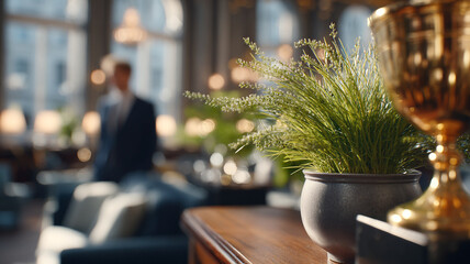 Naklejka premium An interior with a green potted plant in the foreground. Wooden surfaces and a golden bowl are visible.