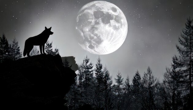 Silhouette of a Wolf Howling at the Moon in a Dark Forest.