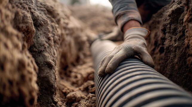 Worker installing underground pipeline in trench with protective gloves, infrastructure and utility construction concept showing manual labor, engineering work and industrial installation process