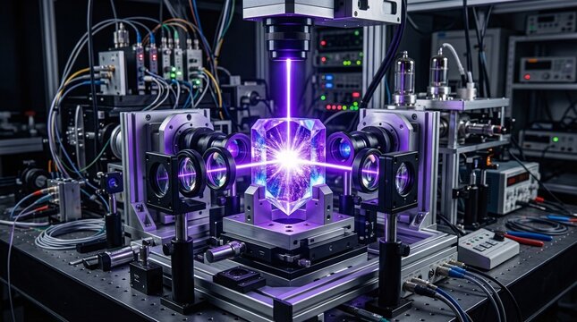 Holographic memory crystal undergoes rewrite process via intense burst of ultraviolet light erasing data layers surrounded by optical lenses.