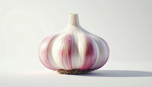 Single Garlic Bulb with Purple Stripes on White Background.