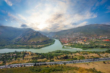 Georgian landmark. Panoramic View of Confluence Of Aragvi And Kura Rivers In Mtskheta, Georgia © artmim