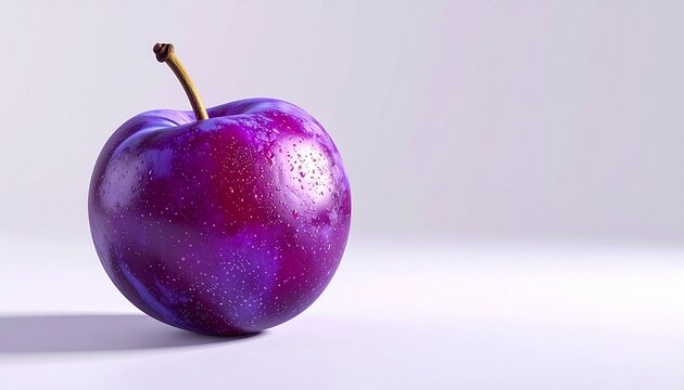 Single ripe purple plum on a white surface.