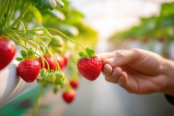 Fototapeta premium Close-up of farmer harvesting ripe red strawberries in greenhouse, showcasing fresh produce and agricultural practices