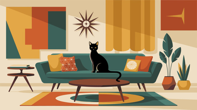 Retro teal sofa and black cat illustration - Great for nostalgic lifestyle branding, home organization, or pet lover gifts.
