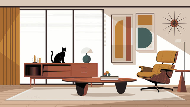 Teak credenza and cat in MCM living room - Perfect for furniture catalogs, vintage lifestyle articles, or interior design.