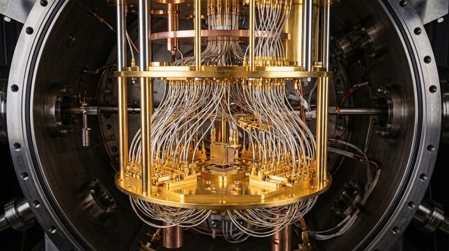 Inside a dilution refrigerator, the lowest stage of a quantum computer operates at milli-Kelvin with gold components and microwave cables.