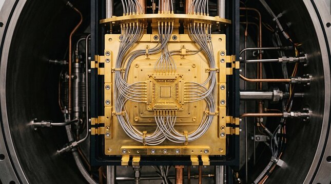Inside a dilution refrigerator, the lowest stage of a quantum computer operates at milli-Kelvin with gold components and microwave cables.