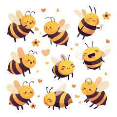 Fototapeta premium Cute bumble bees. Cartoon bee kawaii characters, funny honeybee sweet honey mascot hive nature yellow black baby insect with spring flowers children doodle set vector illustration