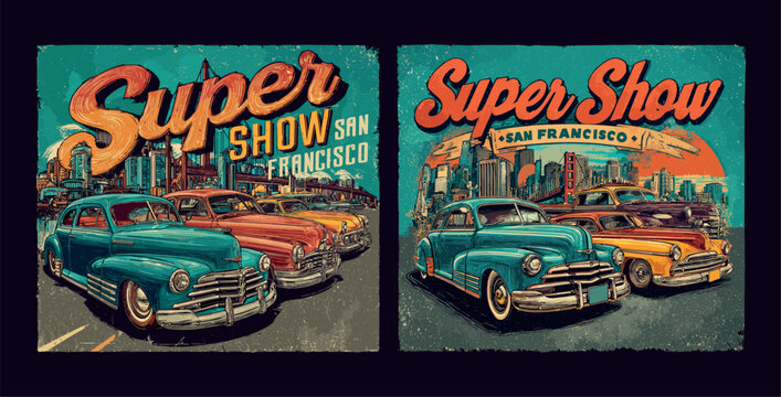 Classic car posters. Vintage automobile san francisco show t shirt prints, engine retro car brochures hot rod race 1980s design old auto sport garage mechanic vector illustration