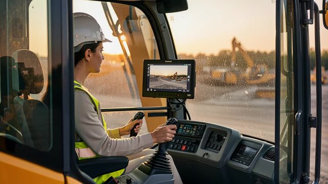 Female operator managing heavy machinery with morning sun illuminating scene