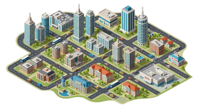 Vector illustration of isometric city map with modern skyscrapers, roads, and urban infrastructure