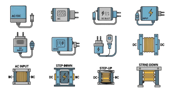 Vector illustration of set of various electrical power adapters and voltage converter icons