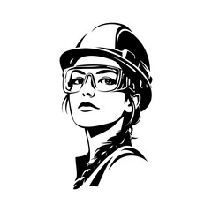 Dibujo minimalista con líneas de la cabeza de una mujer con casco de construcción y gafas de seguridad  © teracreonte