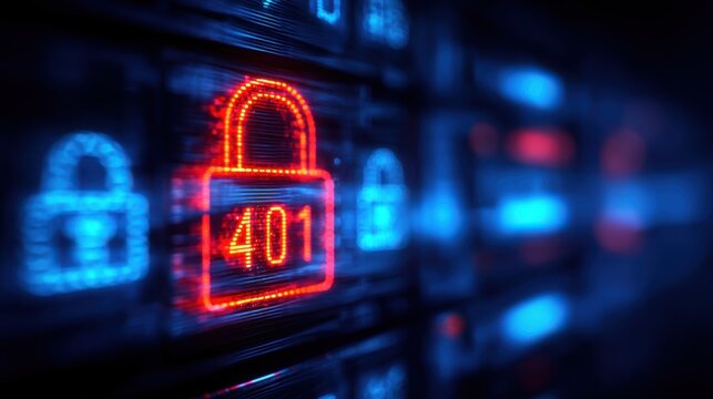 401 Unauthorized Error Message Displayed on a Glowing Red Padlock Icon on a Blue Digital Background