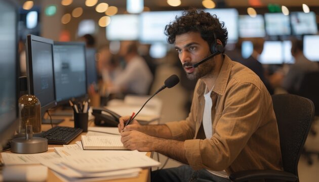 Seated broker focused on a dualmonitor setup speaking clearly into a microphone while voice recognition system transcribes and validates stock order information.