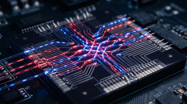 Photonic neural network chip shows transparent silicon waveguides with glowing red and blue laser pulses traveling through microscopic glass fibers.