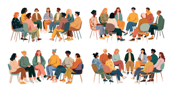 Psychotherapy group. People therapy session, anonymous club psychologist patients support meeting circle talking mental health care psychology communication set vector illustration