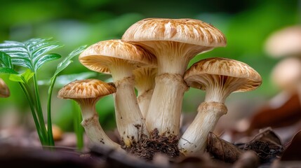 Fototapeta premium Mushroom cluster growing in woodland undergrowth, showcasing natural textures and forest floor ecosystem biodiversity