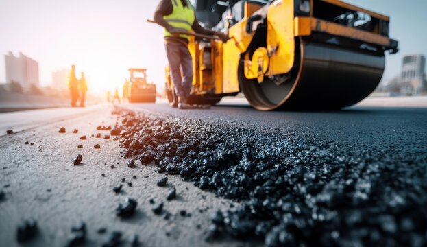 Road Construction Crew Paving Asphalt with Heavy Machinery on a Sunny Day