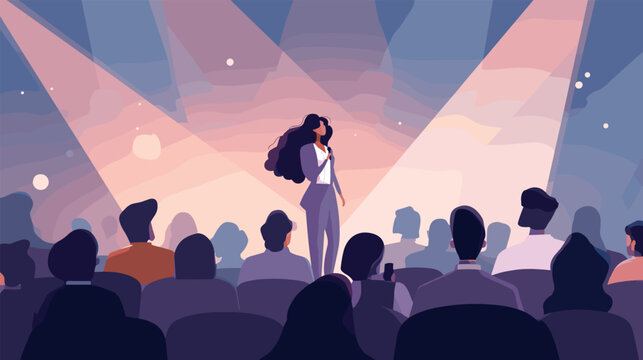 Woman speaker stage. Businesswoman in business suit with microphone public speech spotlight, conference presentation lecture talk people audience seminar event vector illustration
