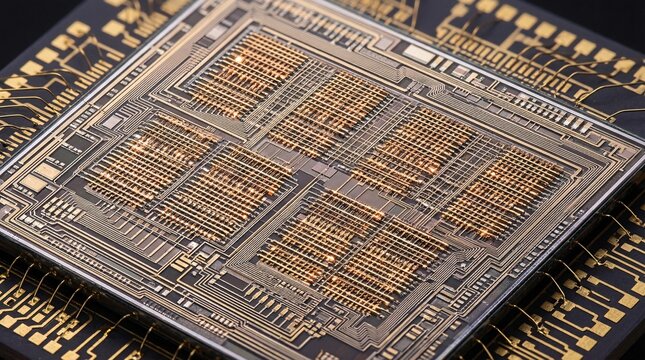Neuromorphic spiking neural network processor shows millions of microscopic memristor crossbar arrays etched into silicon glowing faintly with activity.