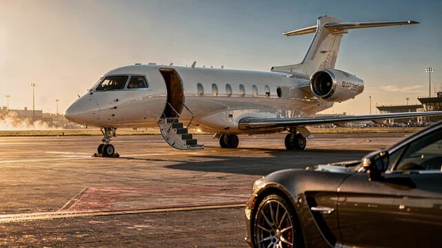 Frosty runway as private jet begins journey with sleek transportation