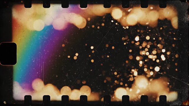 Colorful blur gradient rainbow light leaks drift through a retro film distressed flare overlay on a dark analog background, bokeh and grain burning through the lens.