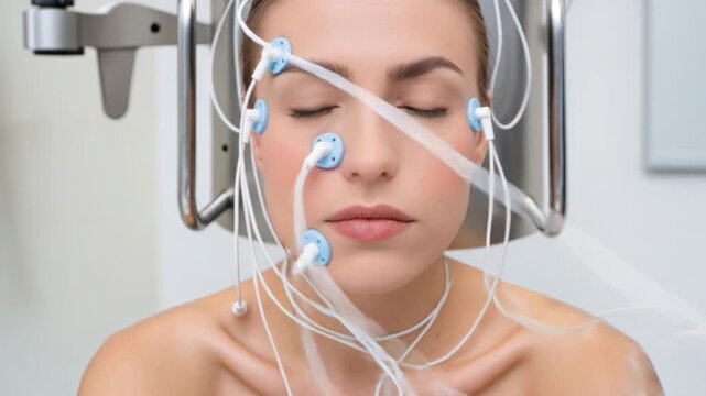 Patient undergoing medical monitoring with electrodes attached to face hospital clinical setting for surgery recovery emergency healthcare