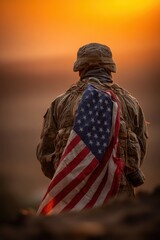 Obraz premium Solemn Soldier with American Flag Overlooking Battlefield at Sunset, Representing Patriotism and Military Service