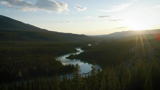Breathtaking ultra-wide aerial establishing video of a pristine natural landscape with an alpine lake, winding river, and ancient forests, bathed in golden hour light with ethereal sun rays.