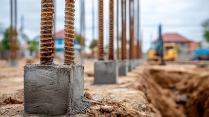Fototapeta premium Reinforced Concrete Foundation Pillars at Construction Site: Building Infrastructure with Durable Materials and Groundwork