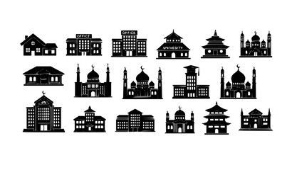 Fototapeta premium Flat building and city icon collection with house, office, university, museum, mosque, church, pagoda vector design