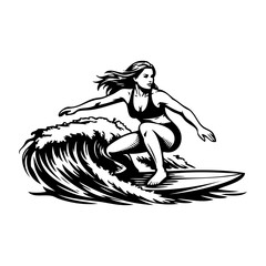 Vacaciones en la playa. Logo club de surf. Dibujo con líneas de una mujer con bikini practicando surf sobre unas olas de mar  © teracreonte