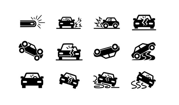 Car crash and accident silhouette icon set with skidding and collision symbols vector collection