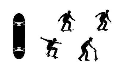 Skateboard and skateboarder silhouette icon set with man riding and trick poses vector collection © Hazara