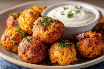 Fototapeta premium Delicious golden appetizer fritters served with creamy dip, garnished with fresh herbs, perfect for sharing