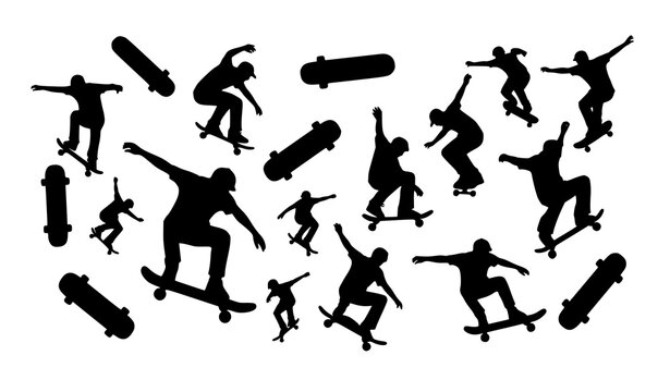 Abstract skateboard and skater silhouette collection with dynamic trick poses vector illustration