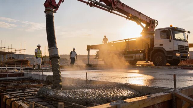 Sunset illuminates workers pouring concrete in urban construction site