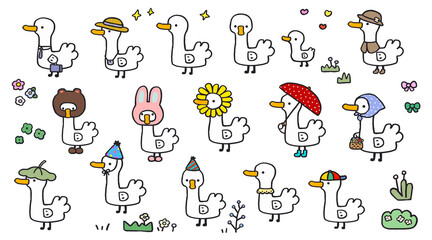  Collection of cute cartoon character doodle drakes and geese wearing various accessories and hats. minimal illustration set isolated background. © SOPAK