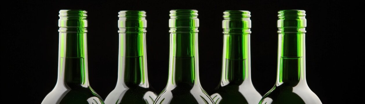 Close up view of five empty green glass wine bottle necks against  black void